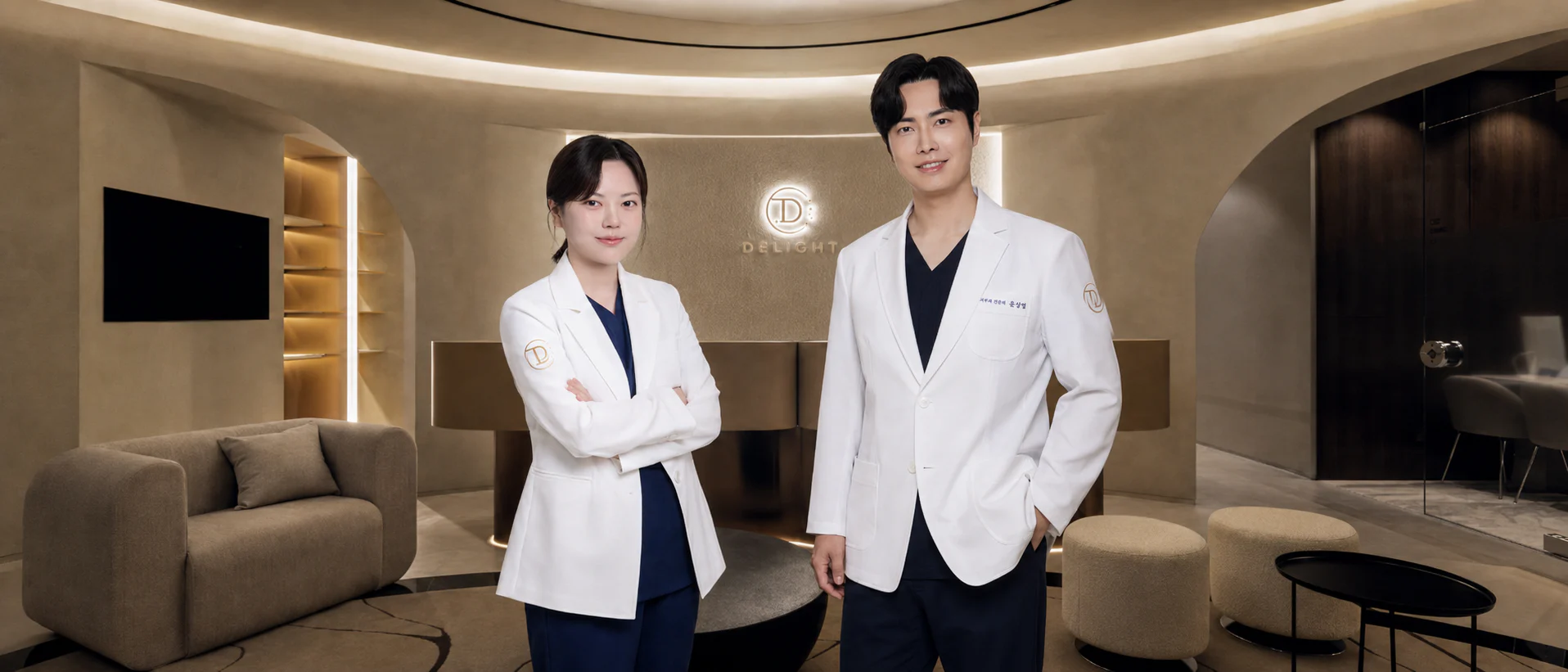 Delight Dermatology medical team in the Gangnam clinic lobby